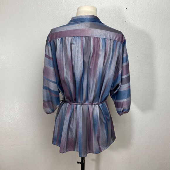 Vtg Amy Lynn Womans Blouse XXL Knit Blue Gray Purple Strip Balloon 3/4 Sleeves - Picture 9 of 12